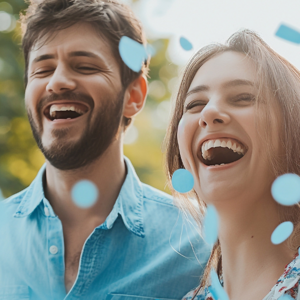 Couple smiling with blue confetti